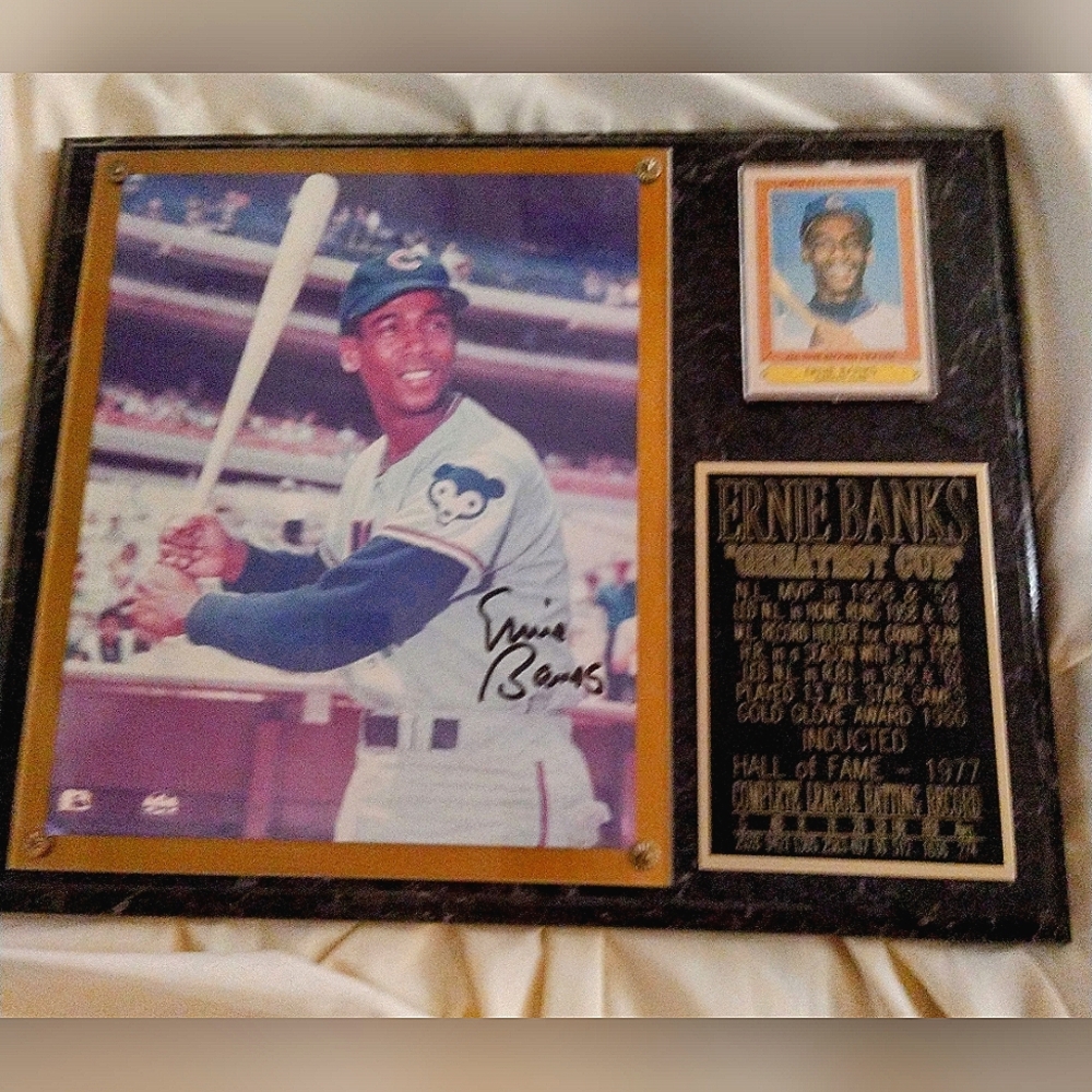 Ernie Banks Authenticated signed photo and plaque